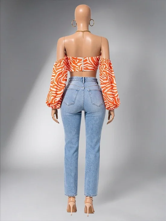 Orange Zebra Print Off-Shoulder Crop Top - Picture 3 of 13